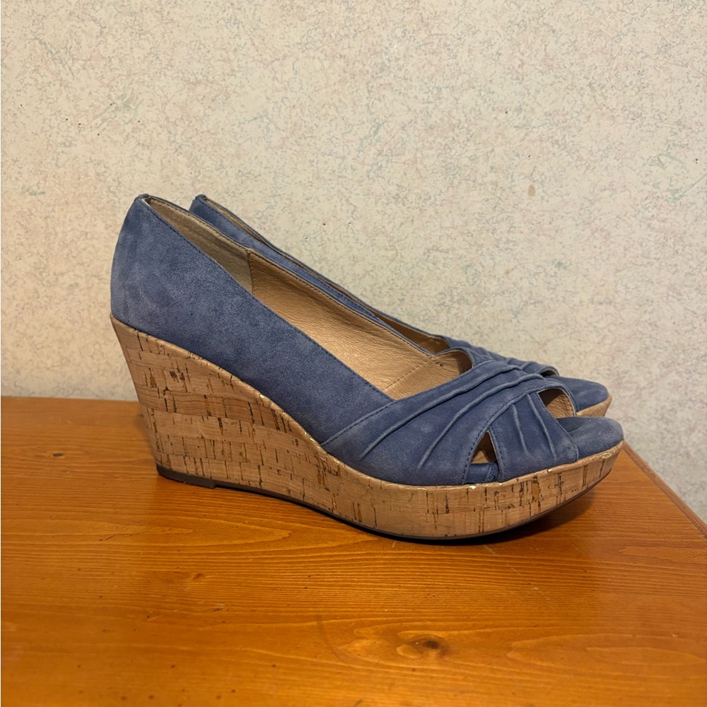 Söfft Olwen Women's Iris Blue Suede Open Toe Cork Platform Wedge Sandal Heel 10